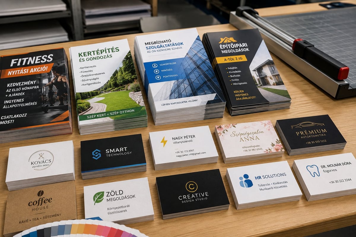 Collection of business cards and brochures displayed on a wooden desk, featuring various company logos and designs in organized rows.