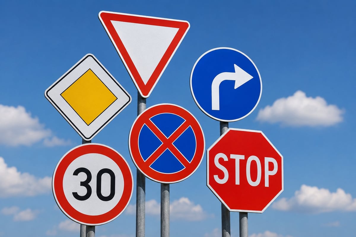 Collection of road traffic signs against blue sky including stop, no parking, speed limit 30, yield, and turn right signs